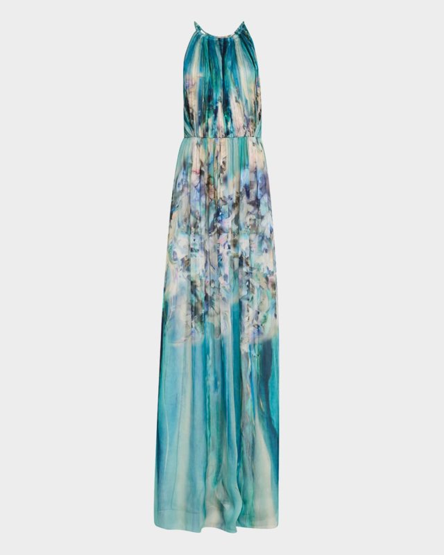 Flower-Print Pleated Chiffon Halter Gown